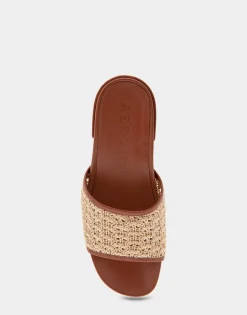 Comfortable Women's Molded Footbed Low Block Heel Slide in Natural Raffia Combo Raffia Fabric