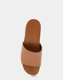 Comfortable Women's Molded Footbed Low Block Heel Slide in Tan Leather