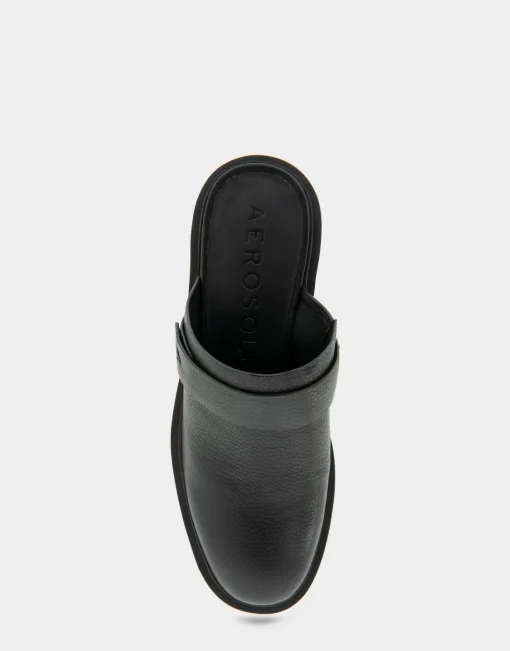 Comfortable Women's Molded Block Heel Mule in Black Pebbled Leather