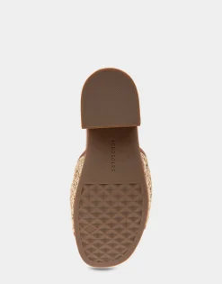 Comfortable Women's Molded Footbed Low Block Heel Slide in Natural Raffia Combo Raffia Fabric
