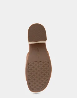 Comfortable Women's Molded Footbed Low Block Heel Slide in Tan Leather