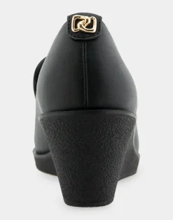 Comfortable Women's Molded Crepe Textured Wedge Loafer in Black Faux Leather