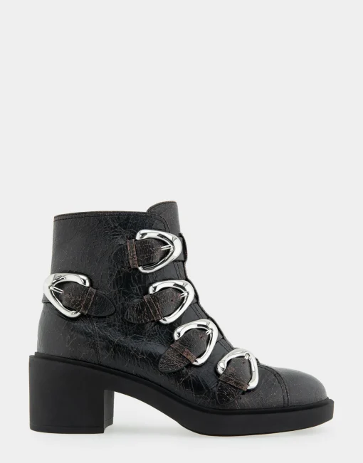 Comfortable Women's Multi Buckle Biker Bootie in Black Crackled Leather