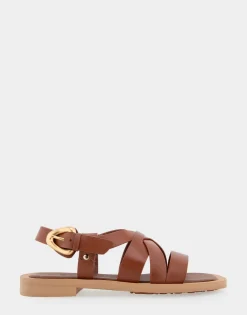 Comfortable Women's Multi Strap Flat Sandal in Gingerbread Leather