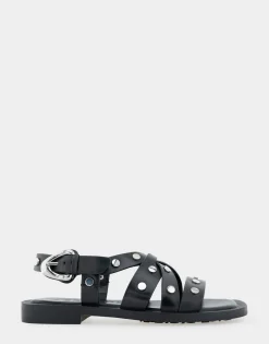 Comfortable Women's Multi Strap Flat Sandal in Black Leather
