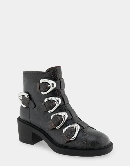 Comfortable Women's Multi Buckle Biker Bootie in Black Crackled Leather