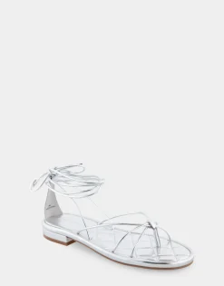 Comfortable Women's Multi Strap Lace Up Sandal in Silver Faux Leather