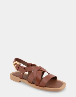 Comfortable Women's Multi Strap Flat Sandal in Gingerbread Leather