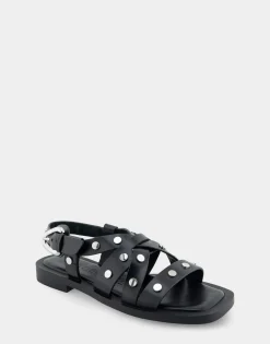 Comfortable Women's Multi Strap Flat Sandal in Black Leather