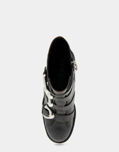 Comfortable Women's Multi Buckle Biker Bootie in Black Crackled Leather