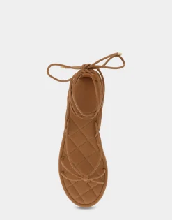 Comfortable Women's Multi Strap Lace Up Sandal in Tan Faux Leather
