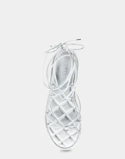 Comfortable Women's Multi Strap Lace Up Sandal in Silver Faux Leather