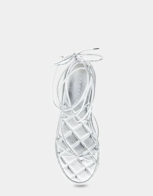 Comfortable Women's Multi Strap Lace Up Sandal in Silver Faux Leather