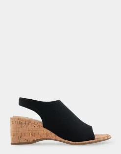 Comfortable Women's Open Toe Stretch Wedge Shootie in Black Stretch Gabardine Cork Fabric Gabardine Stretch Fabric