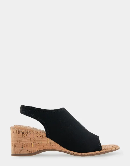 Comfortable Women's Open Toe Stretch Wedge Shootie in Black Stretch Gabardine Cork Fabric Gabardine Stretch Fabric
