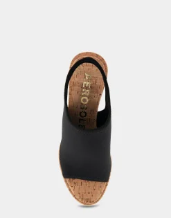 Comfortable Women's Open Toe Stretch Wedge Shootie in Black Stretch Gabardine Cork Fabric Gabardine Stretch Fabric