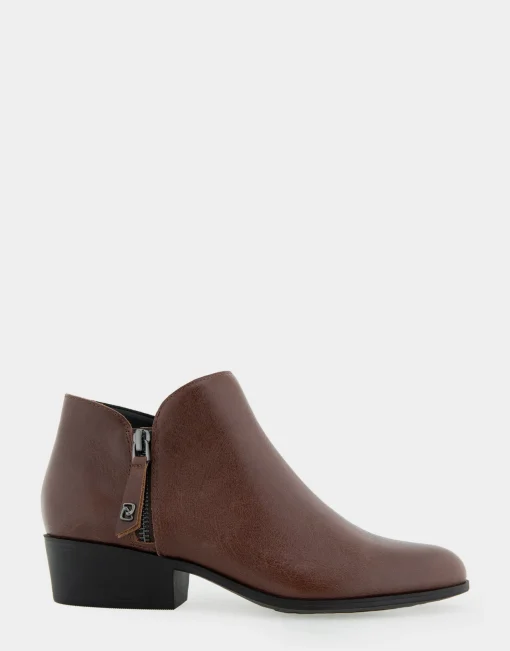 Comfortable Women's Ornamented Zipper Low Bootie in Mocha Burnished Leather Leather