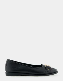 Comfortable Women's Ornamented Flat in Black Leather
