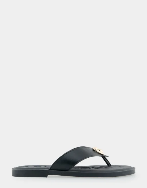 Comfortable Women's Ornamented Thong Sandal in Black Faux Leather