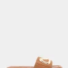 Comfortable Women's Ornamented Single Band Slide Sandal in Tan Leather