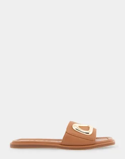 Comfortable Women's Ornamented Single Band Slide Sandal in Tan Leather