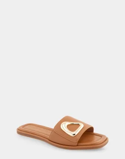 Comfortable Women's Ornamented Single Band Slide Sandal in Tan Leather