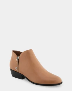 Comfortable Women's Ornamented Zipper Low Bootie in Camel Burnished Leather Leather