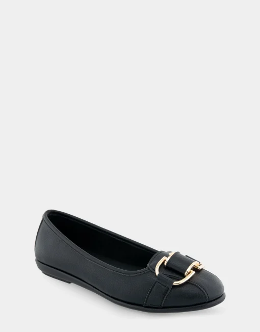 Comfortable Women's Ornamented Flat in Black Faux Leather