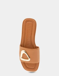 Comfortable Women's Ornamented Single Band Slide Sandal in Tan Leather