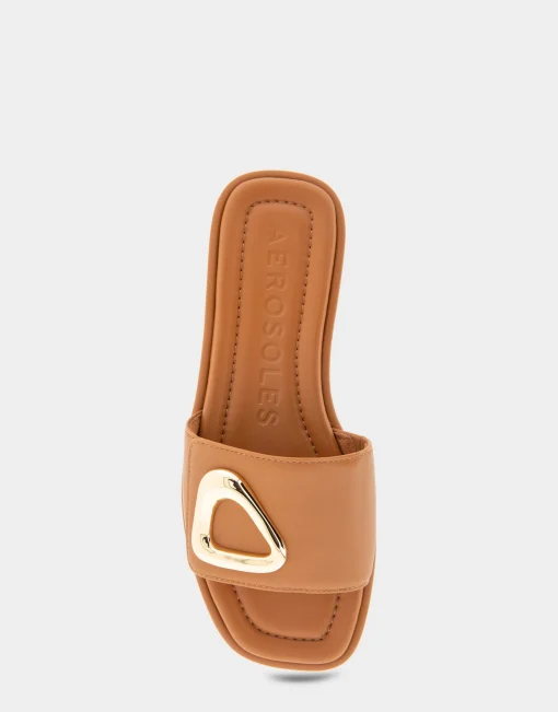 Comfortable Women's Ornamented Single Band Slide Sandal in Tan Leather