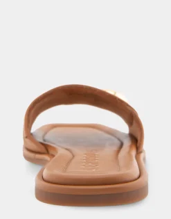 Comfortable Women's Ornamented Single Band Slide Sandal in Tan Leather