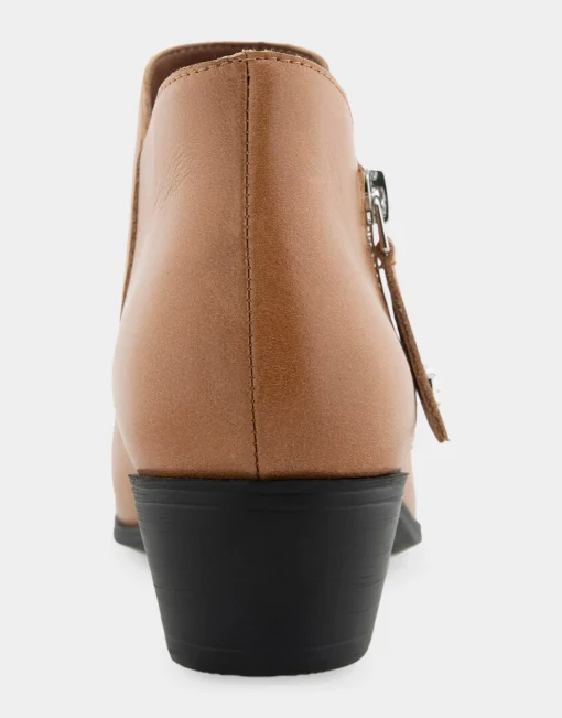 Comfortable Women's Ornamented Zipper Low Bootie in Camel Burnished Leather Leather