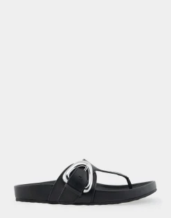Comfortable Women's Oversized Buckle Molded Footbed Thong Sandal in Black Leather