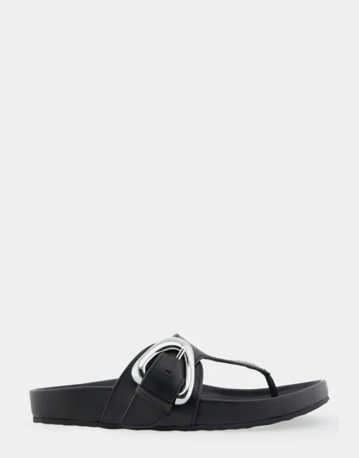 Comfortable Women's Oversized Buckle Molded Footbed Thong Sandal in Black Leather