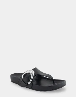 Comfortable Women's Oversized Buckle Molded Footbed Thong Sandal in Black Leather