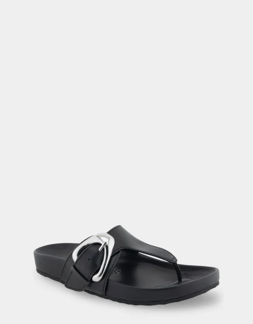 Comfortable Women's Oversized Buckle Molded Footbed Thong Sandal in Black Leather
