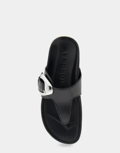 Comfortable Women's Oversized Buckle Molded Footbed Thong Sandal in Black Leather