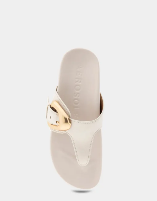 Comfortable Women's Oversized Buckle Molded Footbed Thong Sandal in Eggnog Leather