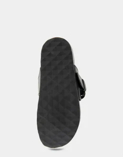 Comfortable Women's Oversized Buckle Molded Footbed Thong Sandal in Black Leather