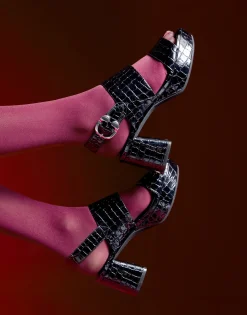 Comfortable Women's Platform Sandal in Black Jelly Croco Black Croco Faux Leather
