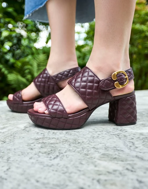 Comfortable Women's Platform Sandal in Deep Aubergine Quilted Leather Leather