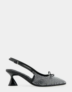 Comfortable Women's Point Toe Slingback Pump in Black Satin Fabric
