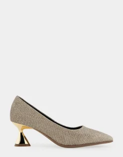 Comfortable Women's Point Toe Statement Heel Pump in Soft Gold Fabric Metallic Lame Fabric