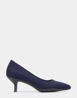 Comfortable Women's Point Toe Kitten Heel Pump in Navy Stretch Gabardine Fabric