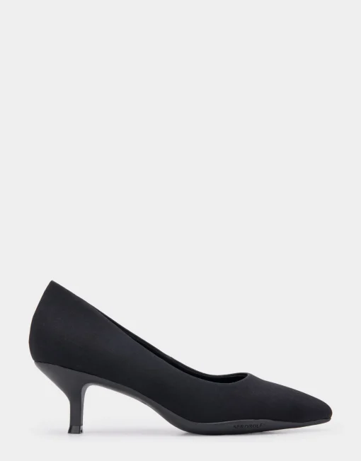 Comfortable Women's Point Toe Kitten Heel Pump in Black Stretch Gabardine Fabric