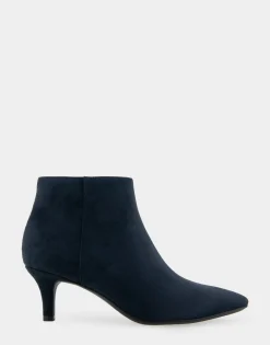 Comfortable Women's Point Toe Kitten Heel Bootie in Navy Faux Suede Faux Suede
