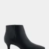 Comfortable Women's Point Toe Kitten Heel Bootie in Black Faux Leather