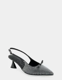Comfortable Women's Point Toe Slingback Pump in Black Satin Fabric
