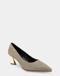 Comfortable Women's Point Toe Statement Heel Pump in Soft Gold Fabric Metallic Lame Fabric
