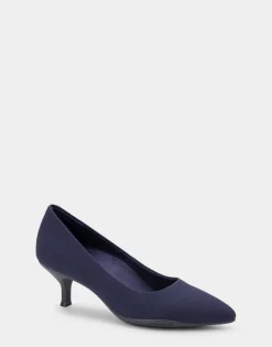 Comfortable Women's Point Toe Kitten Heel Pump in Navy Stretch Gabardine Fabric